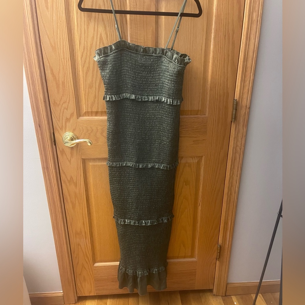Olive Satin Smocked Fitted Maternity Midi Dress